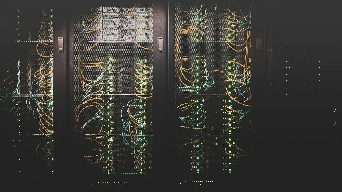 Server racks with status lights in a network cabinet