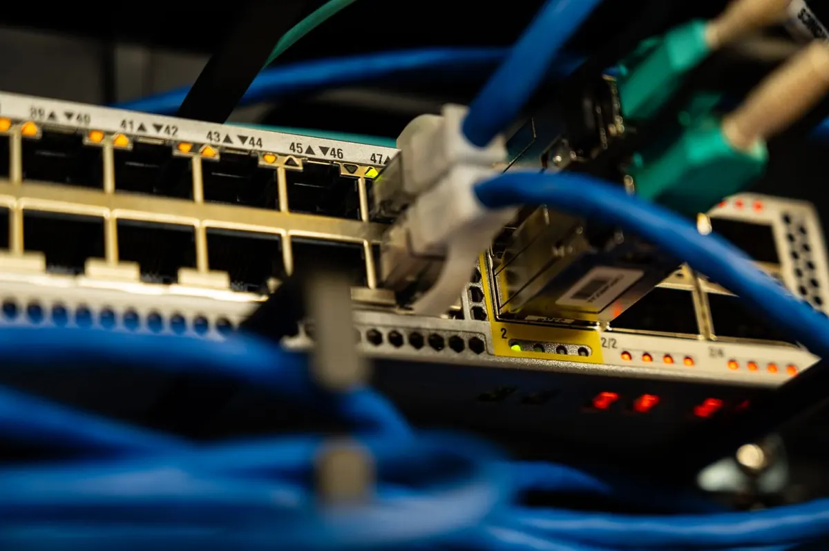 Fibre and Ethernet connections on rack-mounted networking gear